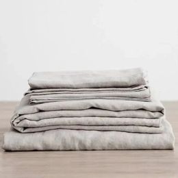 3 pezzi set di lenzuola di lino lavato al 100% lenzuola di lino naturale 2 federe biancheria da letto morbida e traspirante lenzuolo piatto 240312