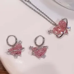 Necklace Earrings Set Fashion Y2K Pink Crystal Heart Pendant For Women Simple Heart-Shaped Clavicle Chain Jewelry Gifts