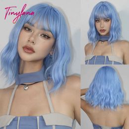 Synthetic Wigs Bob Blue Curly Wavy Wigs with Bangs Short Colorful Cosplay Wigs for Women Afro Halloween DaiIy Natural Heat Resistant Fake Hair 240328 240327