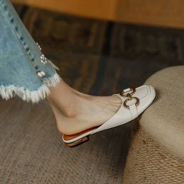 Slippers Slippers Casual Female Shoes Low Mules For Women 2023 Cover Toe Slides Luxury New Summer Crosstied Fashion PU Hoof Heels