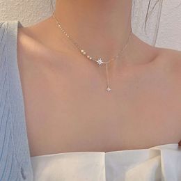 Ny trendig Sier Sparkling Diamond Star Pearl Necklace Kvinnorbenkedja