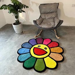 Carpets 80/100cm Japanese Trend Plush Carpet Cartoon Sun Flower Round Anti-slip Rug Living Room Home Art Decoration Cute Floor Mat