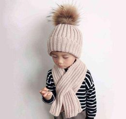 Caps Hats Besar Nyata Bulu Pompon Hat Syal Set Anak Musim Dingin Rajutan Wol Tebal Beanie Topi untuk Anakanak Usia 310 T2209071531797