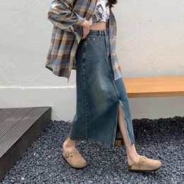 Skirts S-XL Long Denim 2024 Korean Style Vintage Split High Waist A Line Midi Women Jeans (L2938