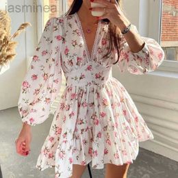 Basic Casual Dresses Fashion Floral Dress Summer Long Sleeve Deep V Waist Dress Style Sale S-XL 240319