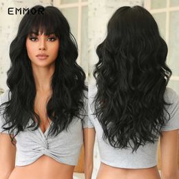 Synthetic Wigs Emmor Black Long Wave Wigs with Bangs for Women High Quality Synthetic Wig Cosplay Party Natural Heat Resistant Synthetic Hair 240328 240327