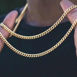 Men Simple 3-11mm 14k Yellow Gold Cuban Link Chain Necklaces for Male Jewellery Solid Golden Gifts Miami Curb Chain