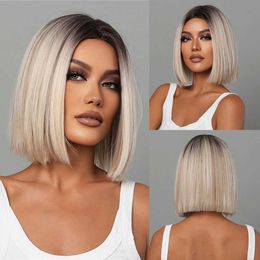 Synthetic Wigs Short Straight Mixed Platinum Blonde Synthetic Wig with Bangs Ombre Brown Bob Wigs for Women Middle Part Daily Heat Resistant 240329