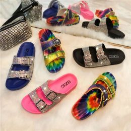 Slippers 2021 Summer Women's Fashion Slippers Ladies Colourful Double Cuckle Rhinestone Flip Flops Female Flat Sandals Girl's House Shoes