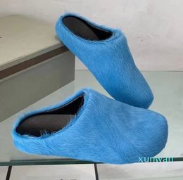 Chinelos De Pele De Cavalo Mulheres Marca De Luxo Designer Sapatos Dedo Do Pé Redondo Senhoras Slides Crina De Cavalo Top Qualidade Ao Ar Livre Calçado De Fábrica Plus Size 44 Homens Chinelo