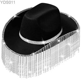 Wide Brim Hats Bucket M2EA Rhinestones Cowgirl Glitter Rave Cow Girl Hat with Fringe Adult Size Cowboy for Party 3 Color 240319