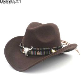 Wide Brim Hats Bucket LUCKYLIANJI Child Kid Boy Girl Wool Felt 100% Western Cowboy Hat Cowgirl Cow Head Leather Band (One Size 54cm) 240319