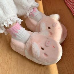 Slippers Kawaii Girls Winter Animal Pig Home Fluffy Cotton Shoes Cartoon Animation Warm Indoor Slides Flat Non-slip Gift