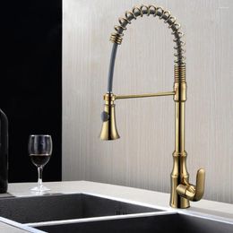 Kitchen Faucets Luxury Gold Single Hole Solid Brass Pull Down Spring Mixer Faucet Golden Handle High Arc Bar Sink