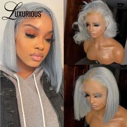 Synthetic Wigs LUXURIOUS Sliver Grey Short Bob Human Hair Wigs For Women 13x4 Transparent Lace Frontal Wig Straight Brazilian Remy Hair Wig 240329