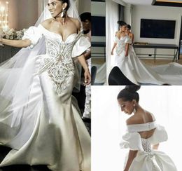 2019 Satin Mermaid Wedding Dresses With Long Train Off The Shoulder Half Long Sleeves Modest Bridal Gowns Custom Made Boho Wedding2335785