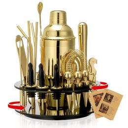 X-cosrack 19-piece Set,gold Tail Shaker Set Drink Mixing:stainless Steel Bar Tools with Rotating Stand,professional Bartender Kit for Home Bars, Parties