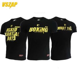 Vszap Muay Thai Comprehensive Fighting Boxing Golden Fiess T-shirt Mens Top Sports Casual Pure Cotton Stretch MMA Fight