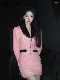 Work Dresses French Retro Pink Colour Matching Bright Silk Skirt Suit Women Autumn Winter Elegant Office Lady Commuter Jacket Two-Piece Sets