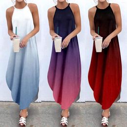 Casual Dresses Women Summer Gradient Print O Neck Sling Maxi Dress Sleeveless Beach Plus Size Sundresses For 2024
