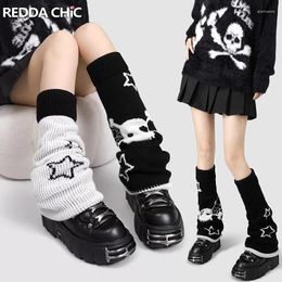 Women Socks REDDACHiC Reversible Skull Star Y2k Leg Warmers Vintage Black Rokku Grayu Knee Long Boots Cover Gothic Knit Gaiter