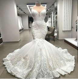 High End Unique Lace Mermaid Wedding Dresses Appliques Dubai Beaded Bridal Gowns Custom Made Robe De Mariee5266010