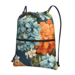 Backpack Blue And Orange Flowers Portable Drawstring Bag Casual Bundle Pocket Storage Bags For Travel Sport Man Woman