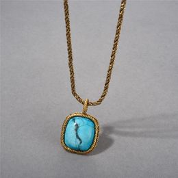 European and American Retro Square Necklace Large Turquoise Pendant Long Necklace Niche Light Luxury High-end Feeling Mediaeval Fashion Sweater Chain