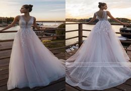 Blush Pink Beach Wedding Dresses V Neck Lace Appliqued Boho Tulle A Line Bridal Gown Sleeveless Vestidos de Novia6576311