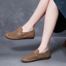 Sandals First Layer Cowhide Flat Heel Soft Sole Breathable Women's Shoes Summer Hole Grandma Real Leather