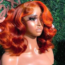 Synthetic Wigs Orange Ginger Body Wave Bob Wig Ginger Brown 13x4 Lace Front Wig Bob Wig Human Hair Wigs For Women Short Bob Body Wave Wavy Wig 240328 240327