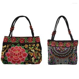 Totes DOME 2 Pcs Women Handbag Embroidery Ethnic Summer Handmade Flowers Ladies Tote Shoulder Bags Cross-Body Red Peony &