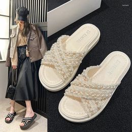 Slippers 2024 Women's Summer Comfortable And Casual Versatile Cross Pearl Sandal Beach