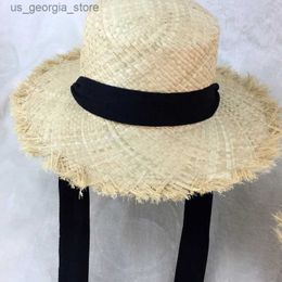 Wide Brim Hats Bucket Hats Summer Womens Beach Rafia Black and White Ribbon Hat Bow Rafia Hat Temperature Flat Hat Str Hat Womens Beach Hat Y240324