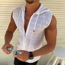 summer fashion plaid zipper sleeveless hooded cardigan T-shirt mens slim sports breathable fitness top 240312