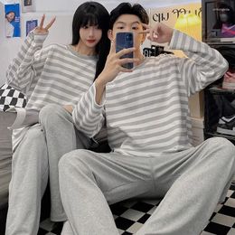 Homens sleepwear casal pijama primavera outono algodão mangas compridas conjunto adorável solto fino loungewear listrado mulheres homens