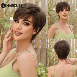 Synthetic Wigs Cosplay Wigs HAIRCUBE Brown Synthetic Hair Short Pixie Cut Straight Wig with Bangs for Black Women or Men Daily Cosplay Heat Resistant Fibre 240329