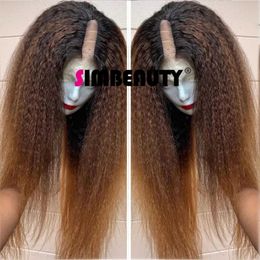 Synthetic Wigs Synthetic Wigs Ombre V Part Brown Blonde Yaki Straight Real Human Hair Unprocessed Chestnut Auburn Kinky Straight U Shape None Lace Full End 240327