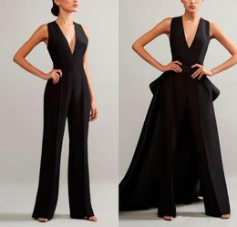Elegant Black Jumpsuits Evening Dresses With Detachable Skirt V Neck Prom Dresses Plus Size Women Party Gowns4105505