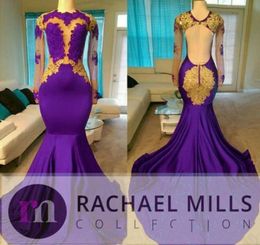 African Mermaid Prom Dresses 2020 Gold And Purple Evening Gowns Black Girls Long Sleeves Backless Sweep Train Formal Party Dresses5477622