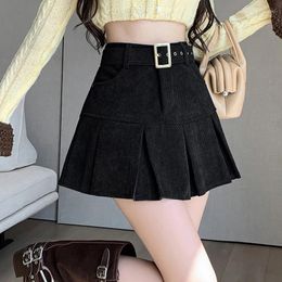 Skirts Autumn Winter Vintage Woman Corduroy Short Skirt With Belt 2024 High Waist School Kawaii A-Line Mini Saias Femme