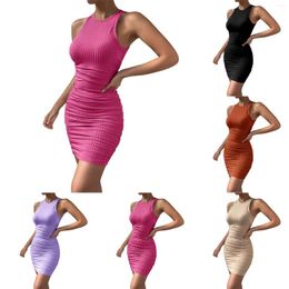 Casual Dresses Women's Sleeveless Round Neck Pleated Tight Elastic Package Dress For Women Summer Short Sleeve Midi Rose Outfits