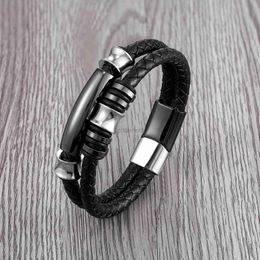 Bangle 2022 new Stainless Steel Elbow Beads European and American Punk Style Mens Bracelet Double Leather Link Classic Bracelet 240319