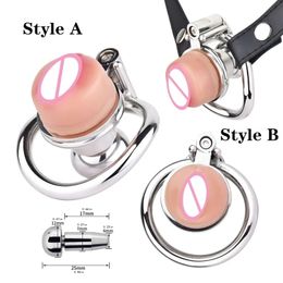 New Male Stainless Steel Negative Lock with Silicone Fake Pussy Anti Cheating Chastity Device Sissy Camouflage Chastity Belt Adult Sex Toys