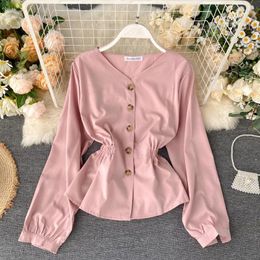 Women's T Shirts Clothing Spring And Summer Korean Style Single-breasted Button Top With V-neck Lace-up Waist Thin Lotus Leaf