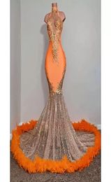 Black Girls Orange Mermaid Prom Dresses 2023 Satin Beading Sequined High Neck Feathers Luxury Skirt Evening Party Formal Gowns For6205616