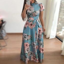 Casual Dresses Women Maxi Dress Flower Print Short Sleeves Big Swing A-line Mock Collar Belted Waist Soft Ankle Length Summer Daily Long