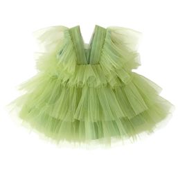 Toddler Olive Green Flower Girl Dress for Wedding Party Tiered Tulle Kneelength First Birthday Princess 112Yr Girls 240312