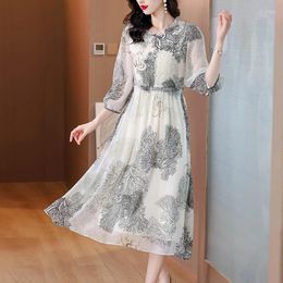 Casual Dresses Coigarsam Women's Summer Dress 2024 Three Quarter Sleeve Print Chiffon Silk Lantern O-Neck Flower Colour