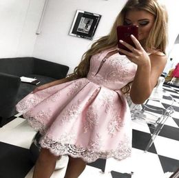 Cheap Baby Pink Short Lace Cocktail Dresses 2020 Sleeveless Sexy Rushed Homecoming Dresses Special Occasion Party Evening Gowns2430225